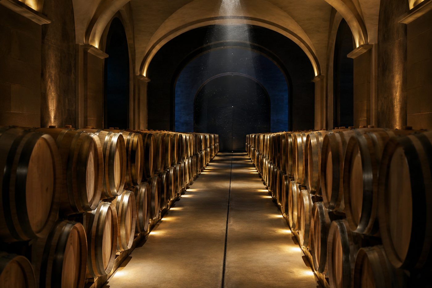 Cave, rangées de bouteilles dans la pénombre