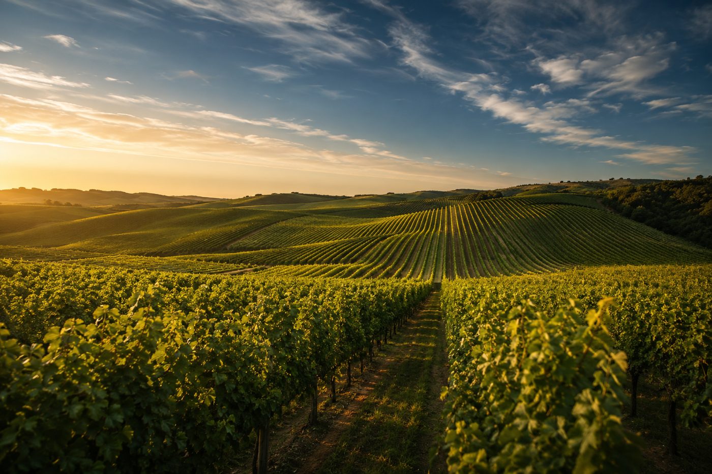 Vignes au soleil bas, lumière dorée